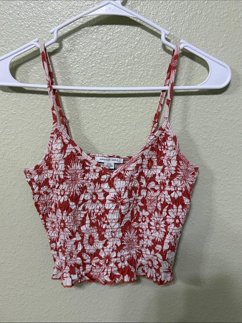 American Eagle Outfitters Red and White Floral Smocked Crop Tank